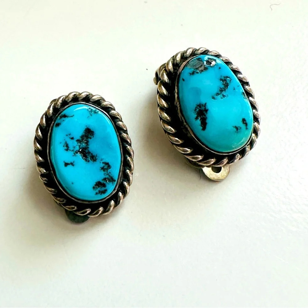 Vintage Sterling Silver Native Stamped Turquoise Clip On Earrings